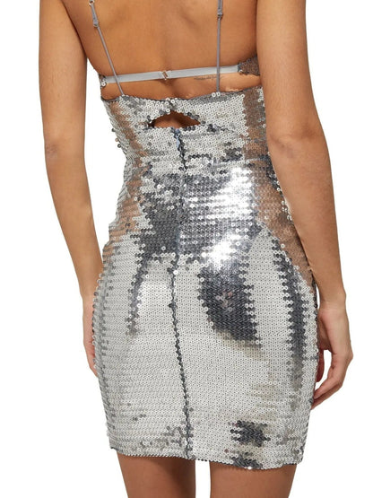 Silver Sequin Mini Dress With Double Metal Rings - Dresses