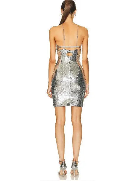 Silver Sequin Mini Dress With Double Metal Rings - Dresses