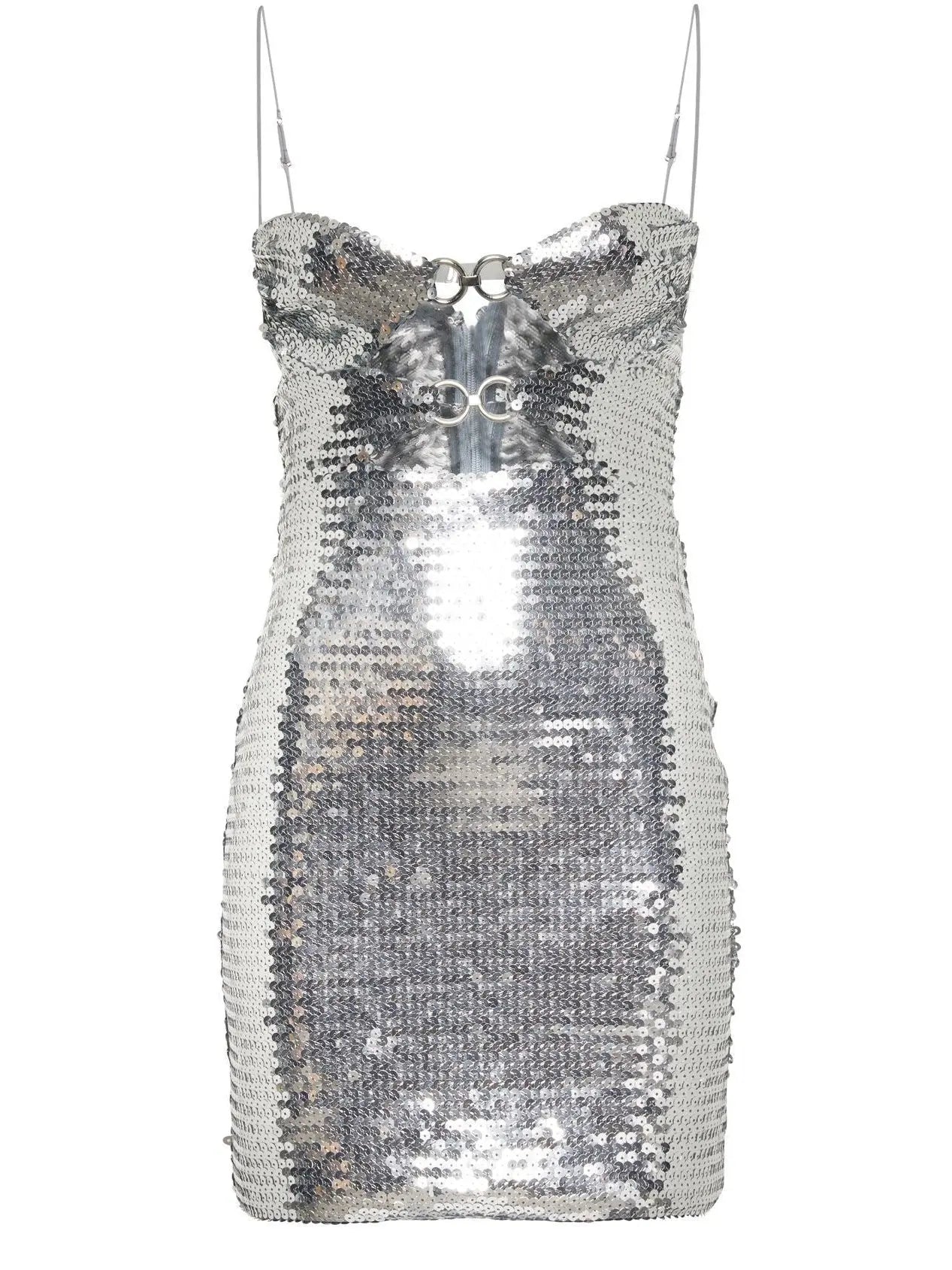 Silver Sequin Mini Dress With Double Metal Rings - Dresses