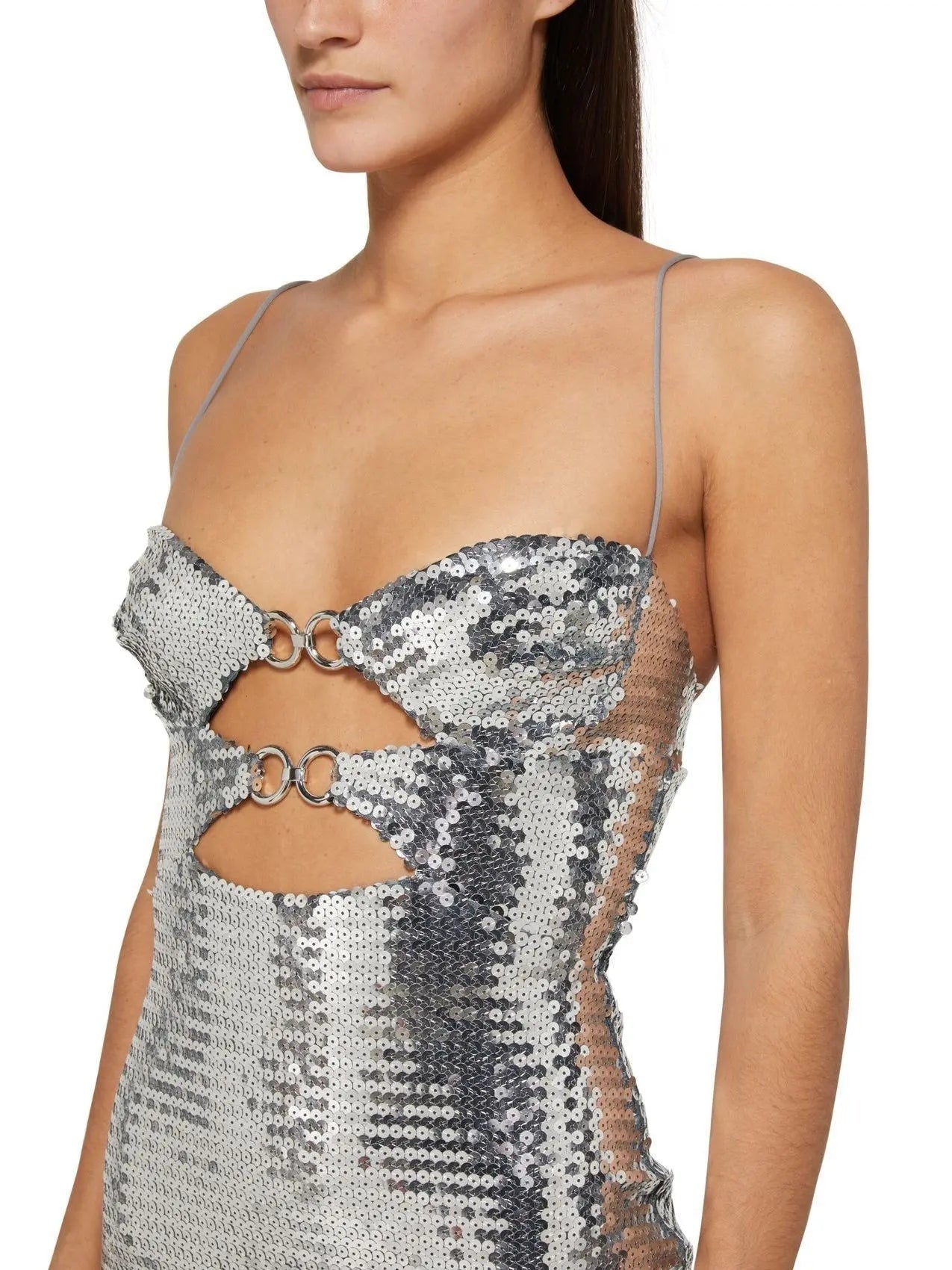 Silver Sequin Mini Dress With Double Metal Rings - Dresses