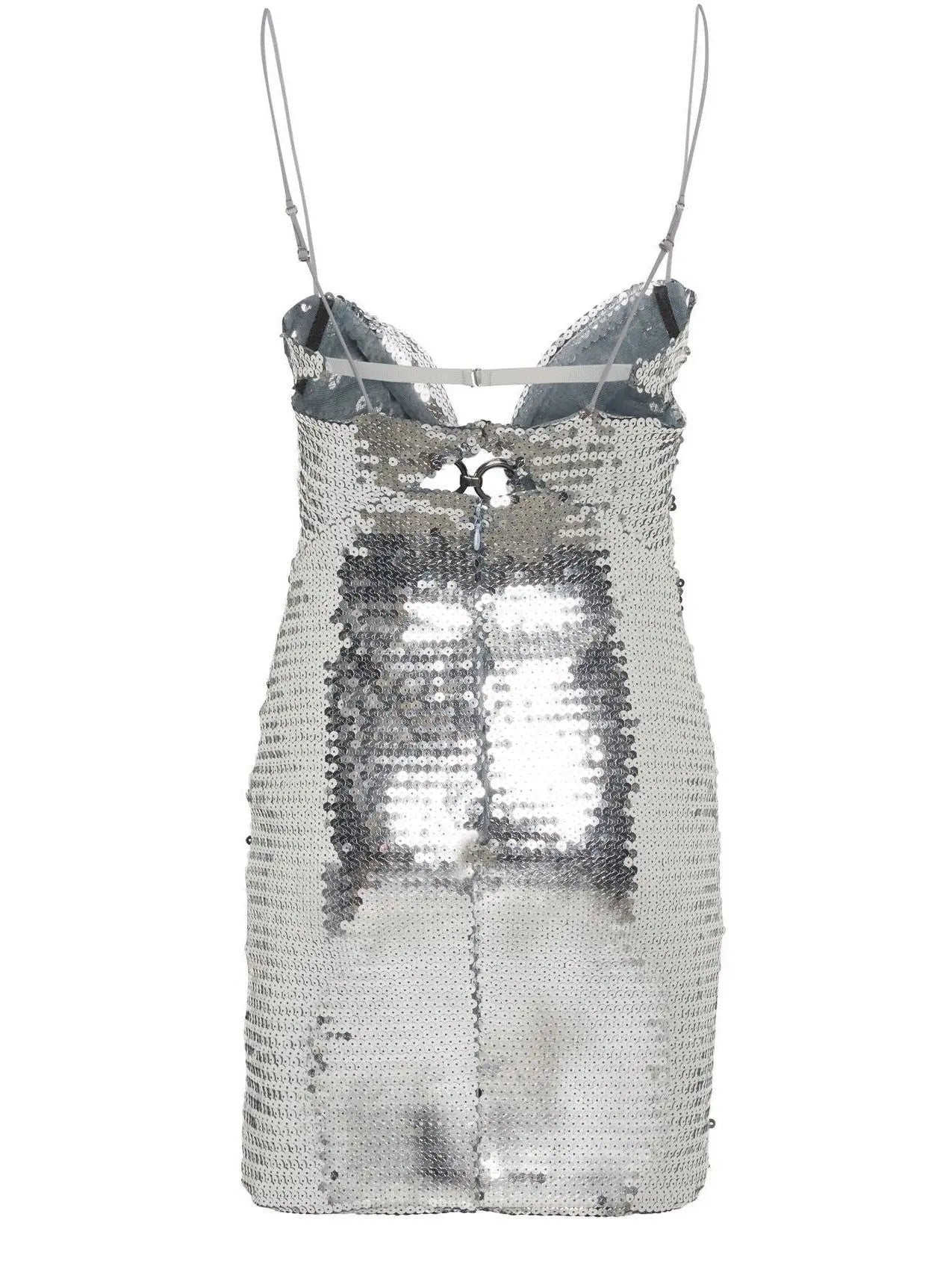 Silver Sequin Mini Dress With Double Metal Rings - Dresses