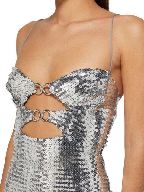 Silver-Sequined Cut-Out Sleeveless Mini Dress - Dresses