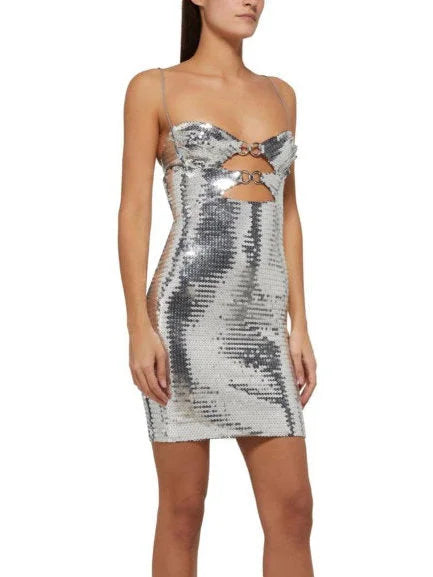 Silver-Sequined Cut-Out Sleeveless Mini Dress - Dresses