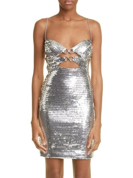 Silver-Sequined Cut-Out Sleeveless Mini Dress - Dresses
