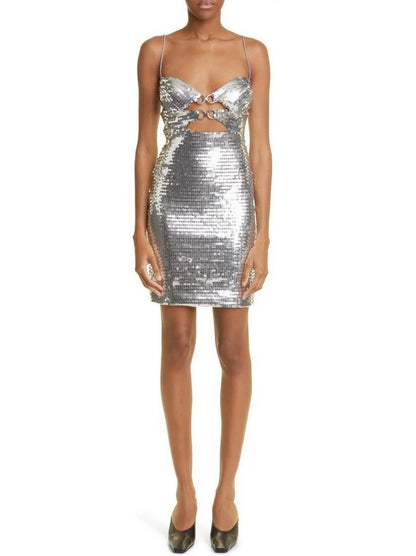 Silver-Sequined Cut-Out Sleeveless Mini Dress - Dresses