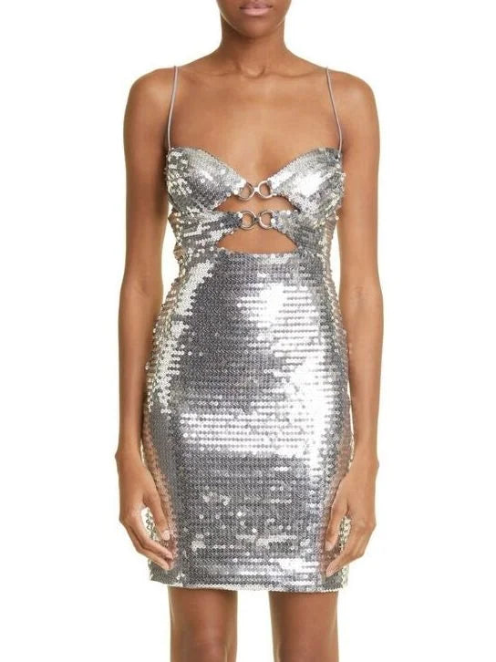 Silver-Sequined Cut-Out Sleeveless Mini Dress - Small - Dresses