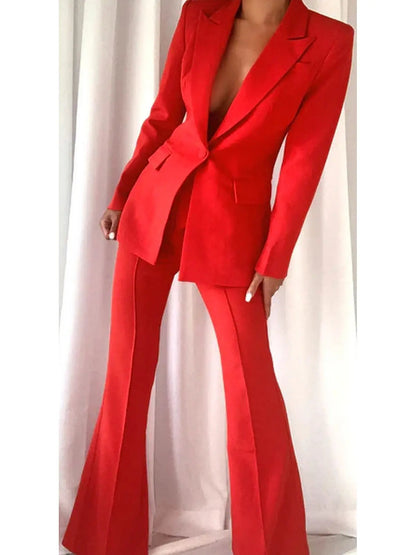 Single-Breasted Blazer and Flared Pant Suit Bright Red