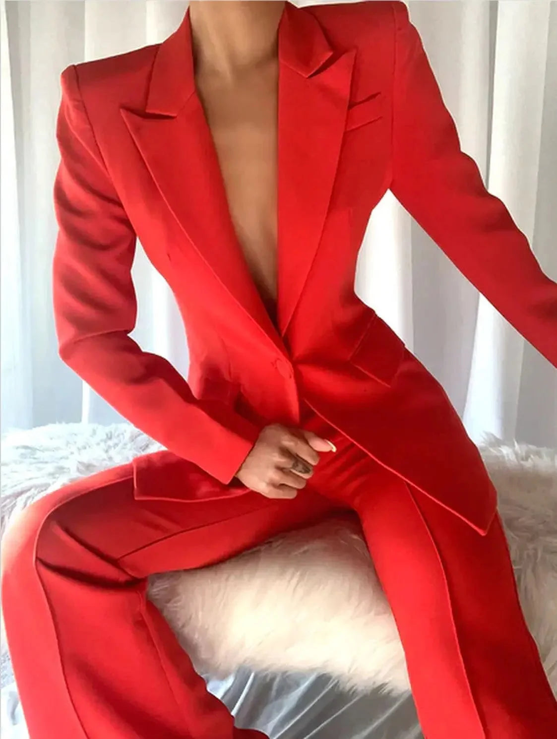 Single-Breasted Blazer and Flared Pant Suit Bright Red