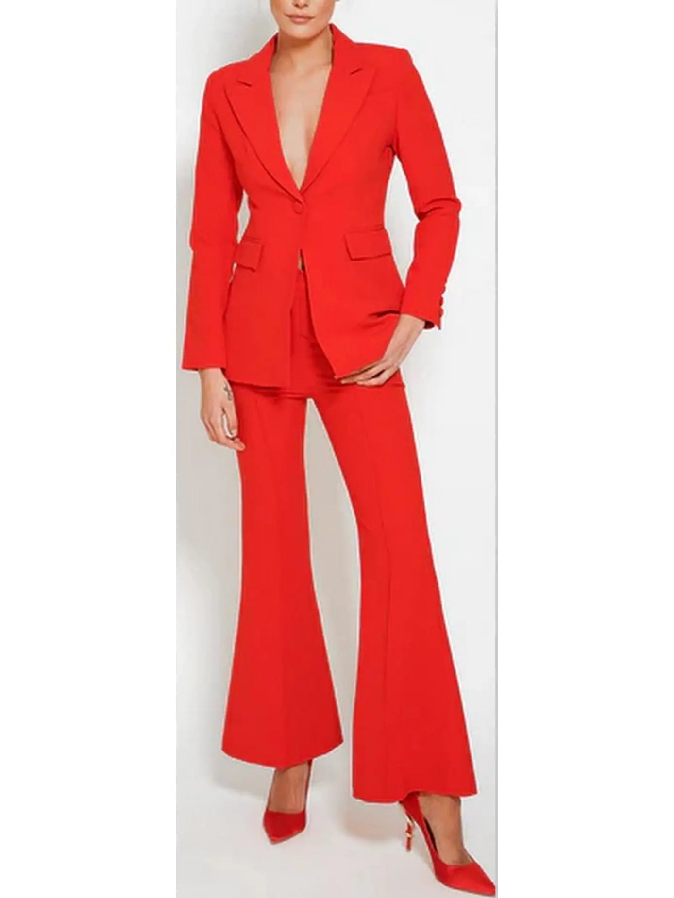 Single-Breasted Blazer and Flared Pant Suit Bright Red