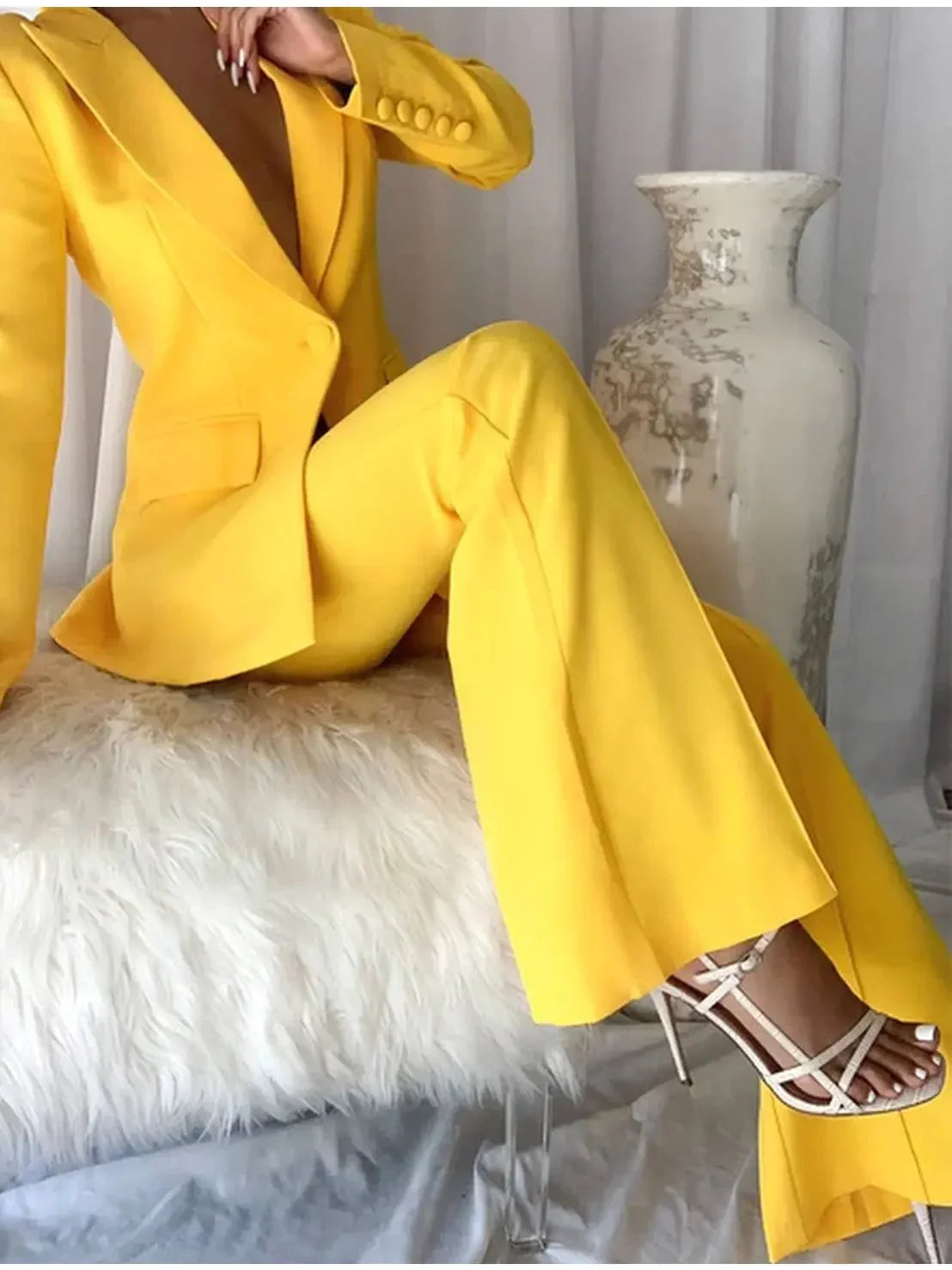 Single-Breasted Blazer and Flared Pant Suit Bright Yellow - Suits & Sets
