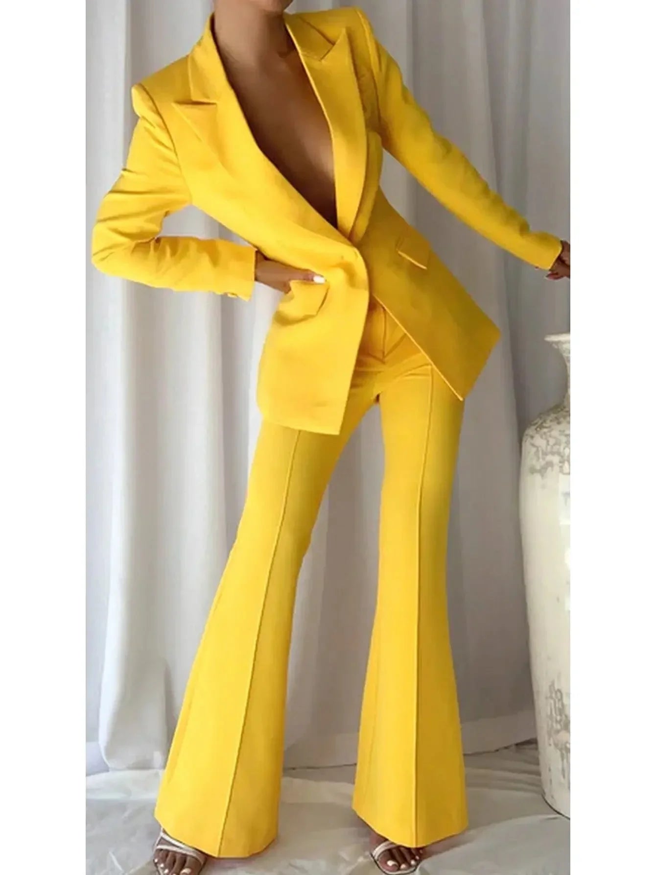 Single-Breasted Blazer and Flared Pant Suit Bright Yellow - Suits & Sets