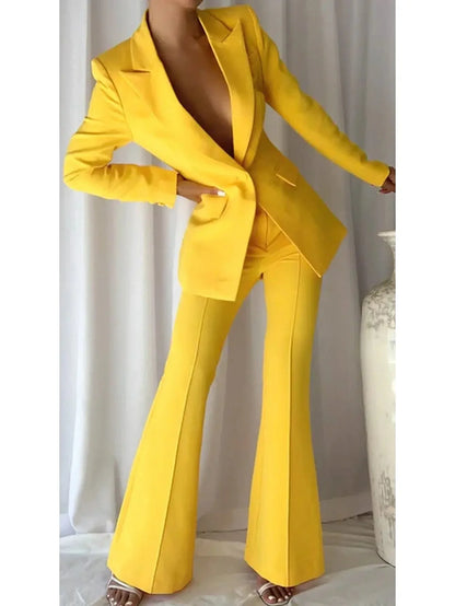Single-Breasted Blazer and Flared Pant Suit Bright Yellow - Suits & Sets