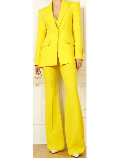 Single-Breasted Blazer and Flared Pant Suit Bright Yellow - s - Suits & Sets