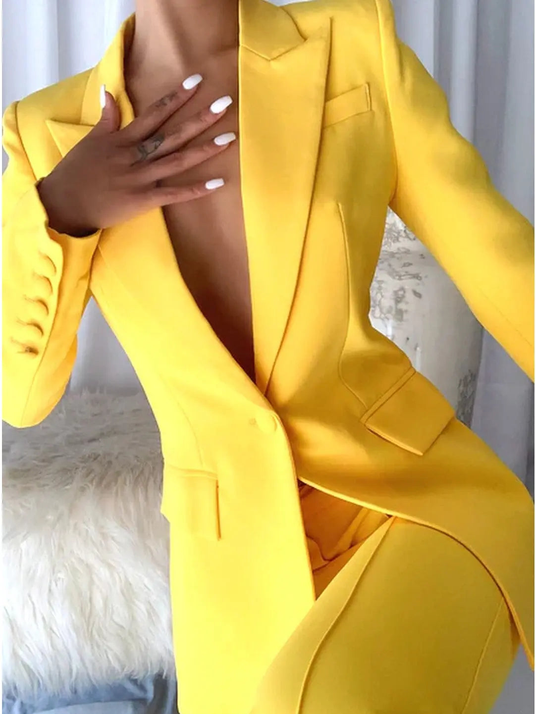 Single-Breasted Blazer and Flared Pant Suit Bright Yellow - Suits & Sets