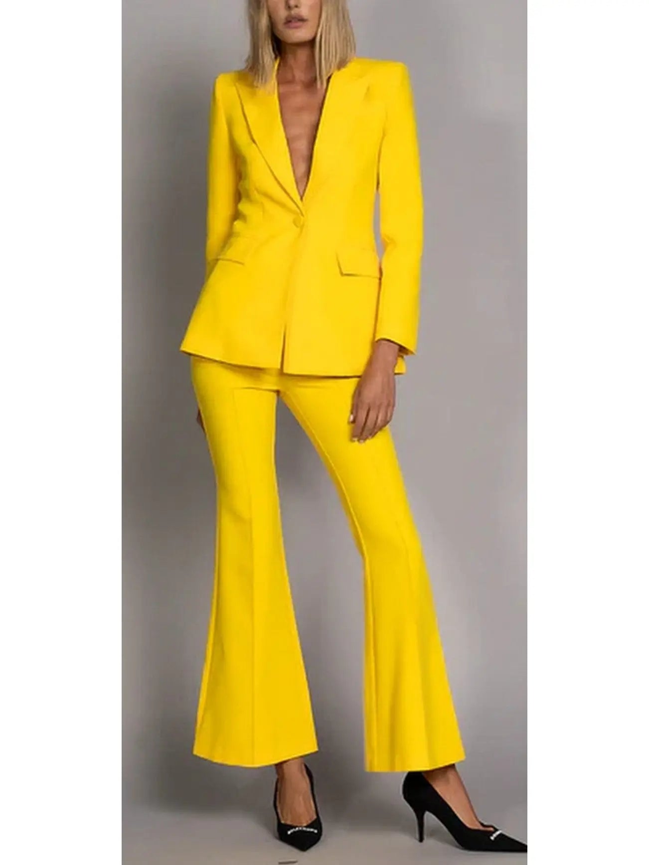 Single-Breasted Blazer and Flared Pant Suit Bright Yellow - Suits & Sets