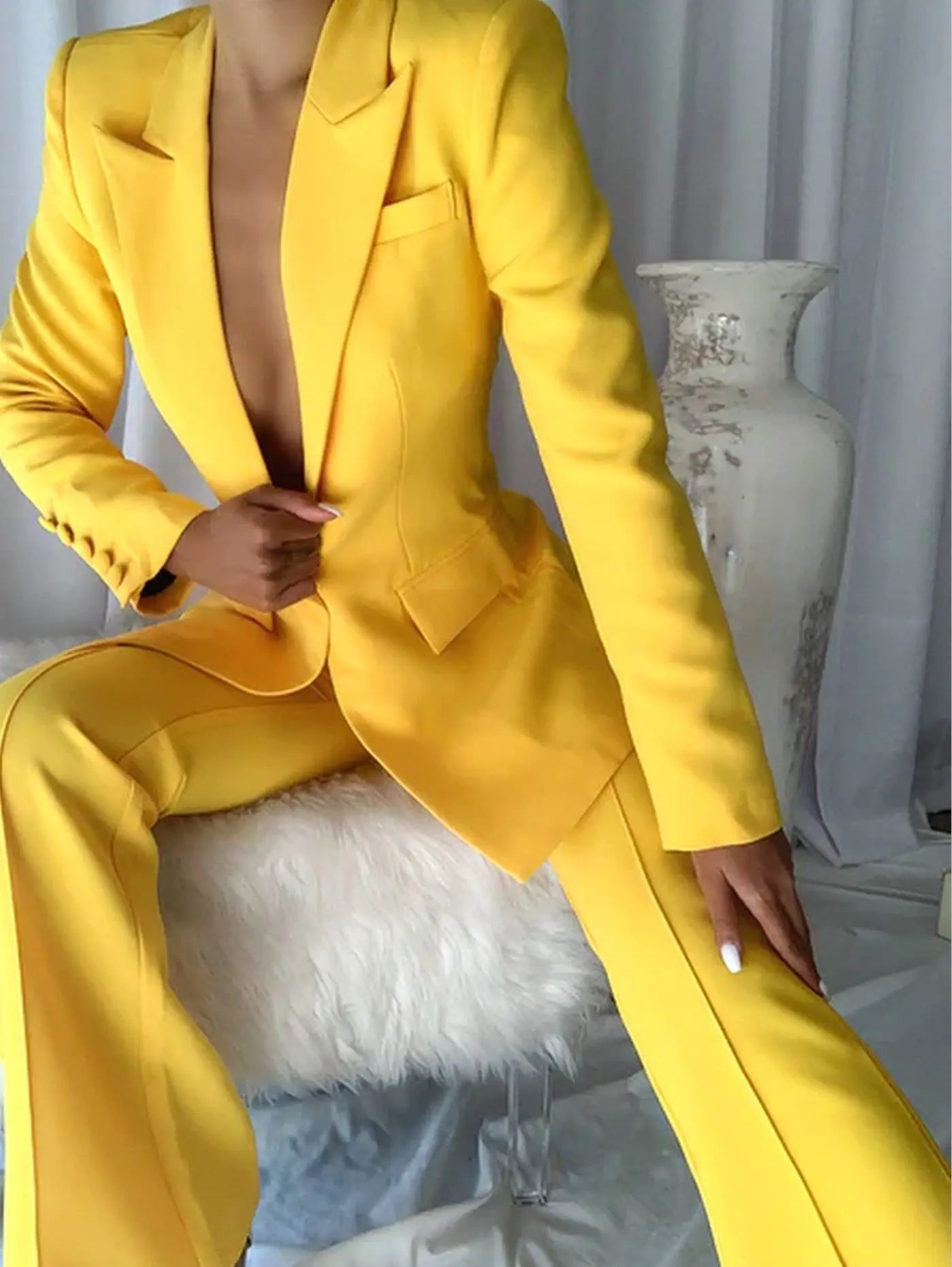 Single-Breasted Blazer and Flared Pant Suit Bright Yellow - Suits & Sets