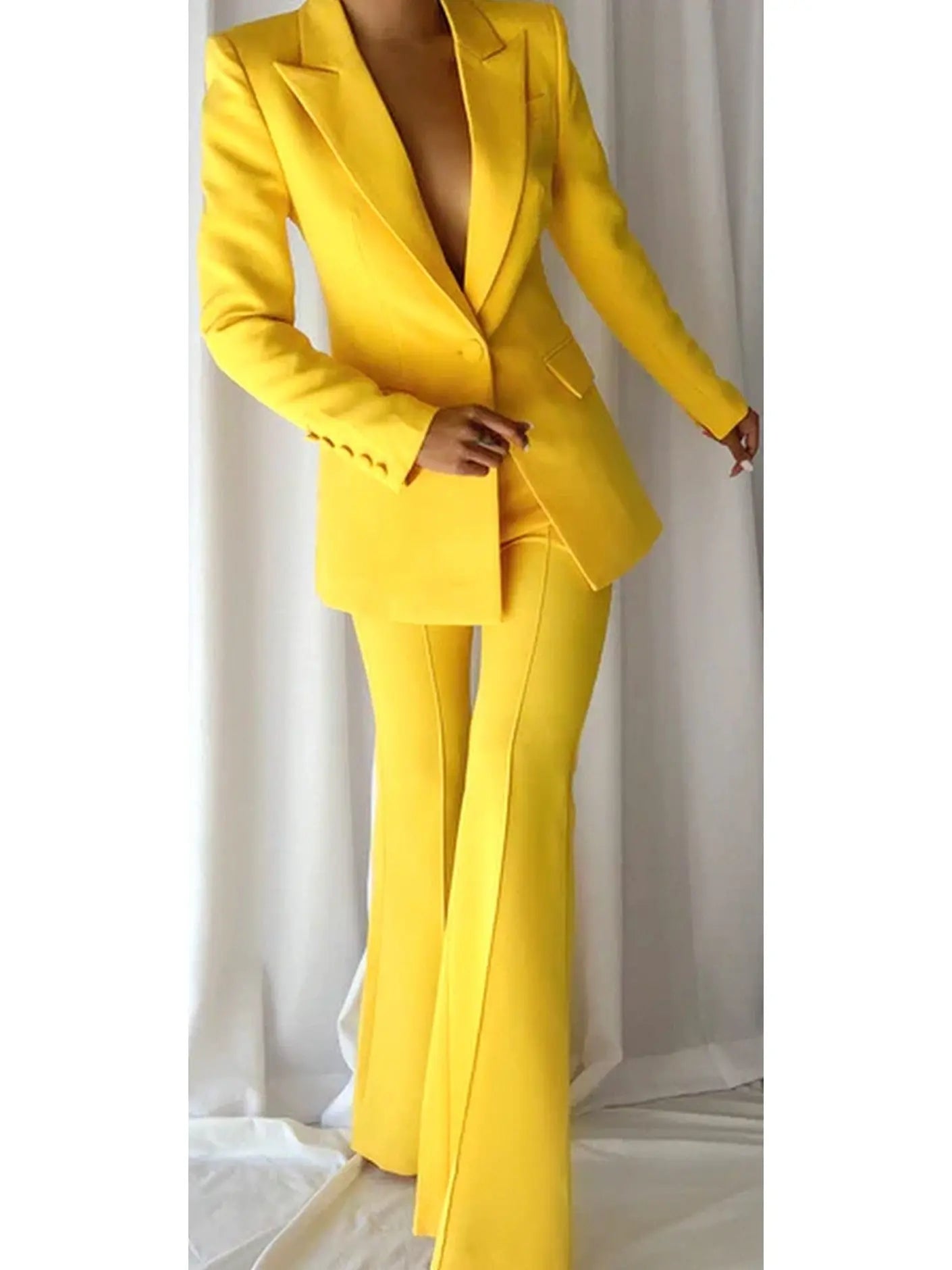 Single-Breasted Blazer and Flared Pant Suit Bright Yellow - Suits & Sets