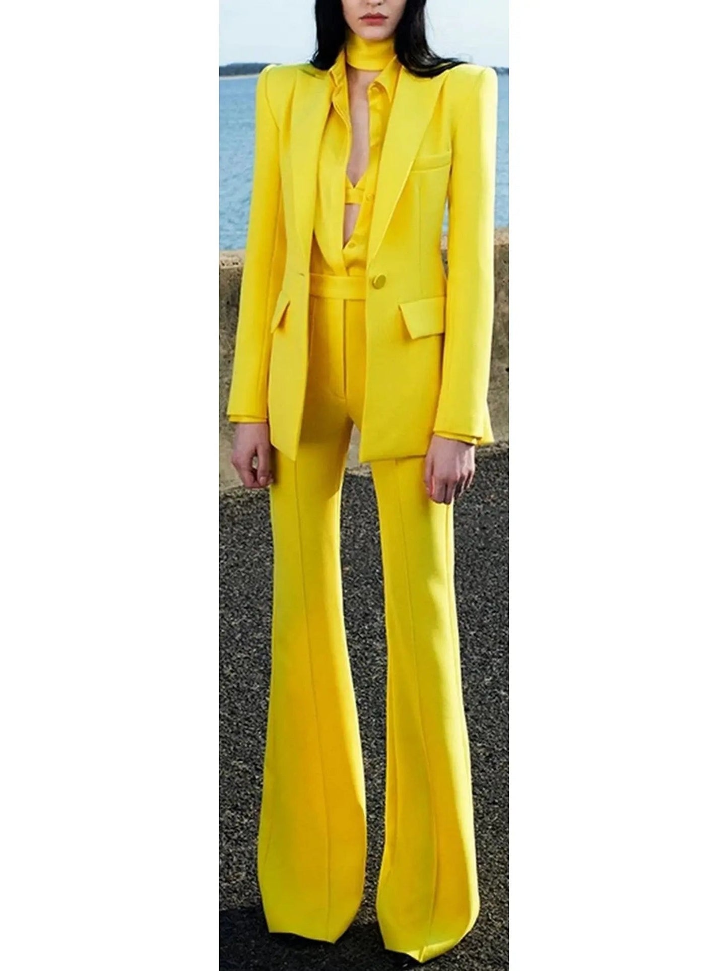 Single-Breasted Blazer and Flared Pant Suit Bright Yellow - Suits & Sets