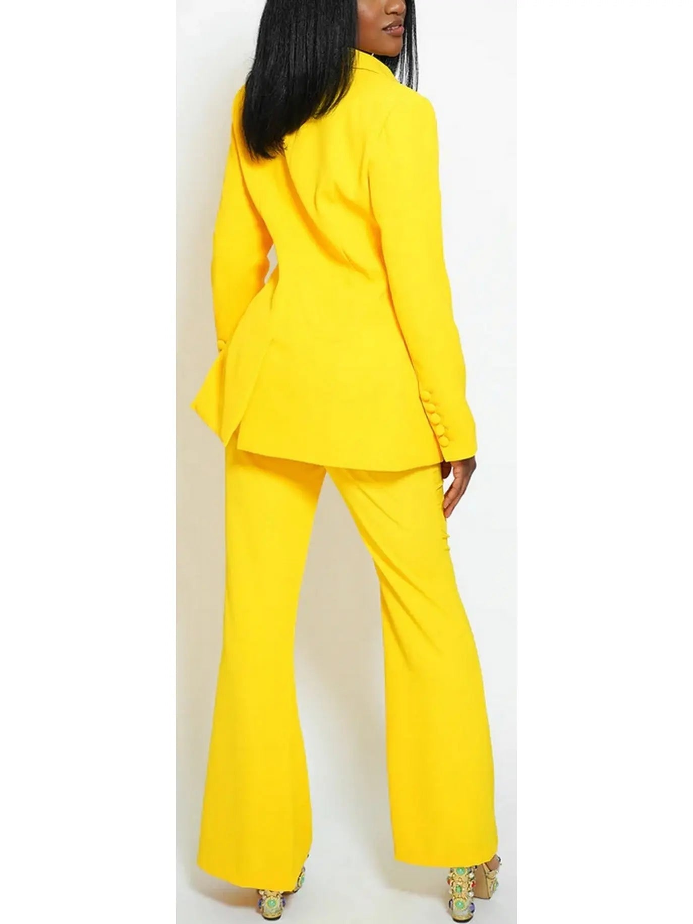 Single-Breasted Blazer and Flared Pant Suit Bright Yellow - Suits & Sets