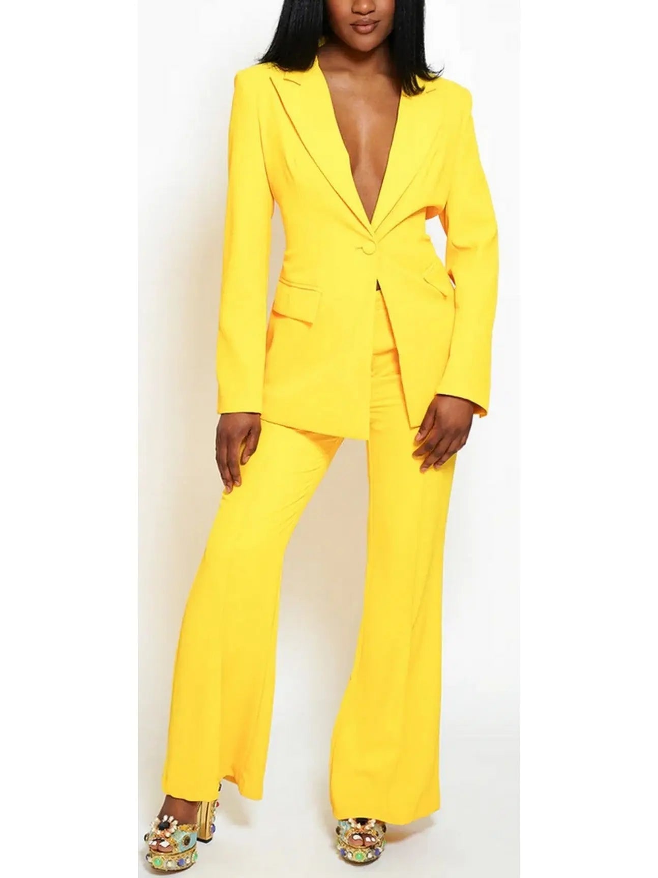 Single-Breasted Blazer and Flared Pant Suit Bright Yellow - Suits & Sets