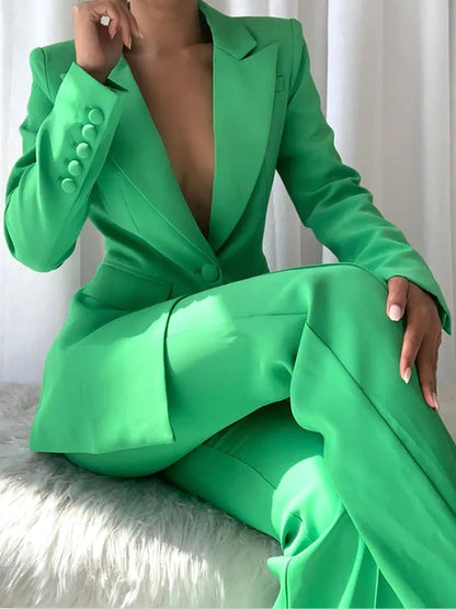 Single-Breasted Blazer and Flared Pant Suit Green - Suits & Sets