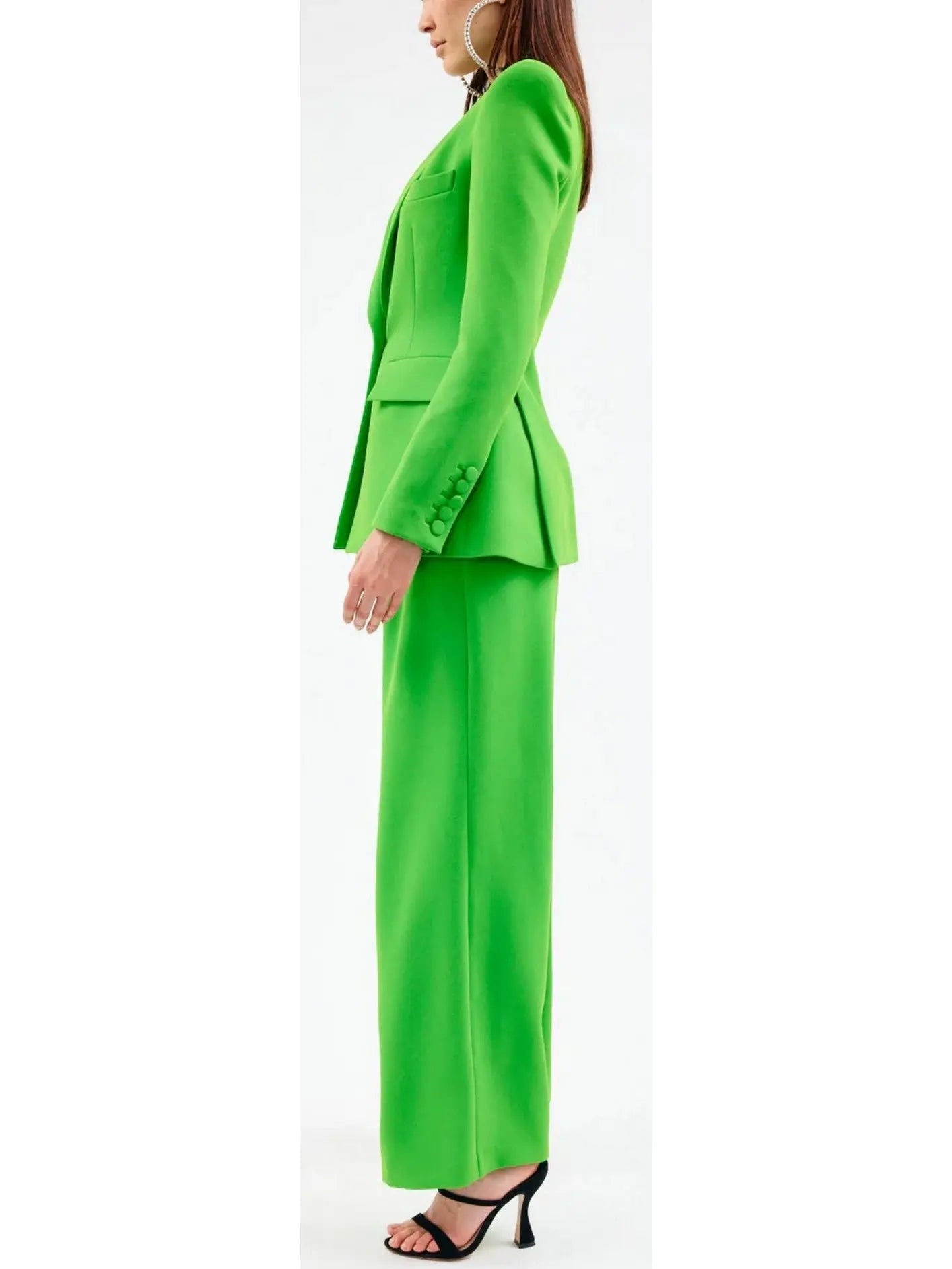 Single-Breasted Blazer and Flared Pant Suit Green - Suits & Sets