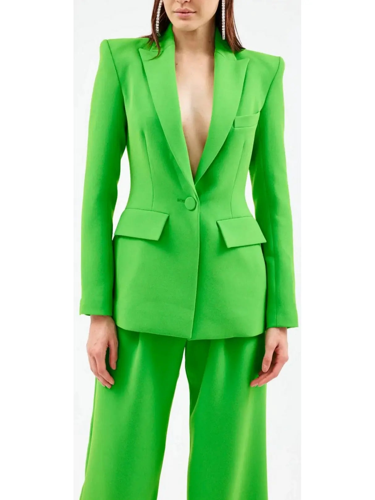 Single-Breasted Blazer and Flared Pant Suit Green - Suits & Sets