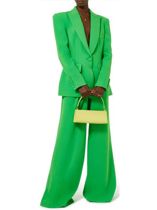 Single-Breasted Blazer and Flared Pant Suit Green - Suits & Sets