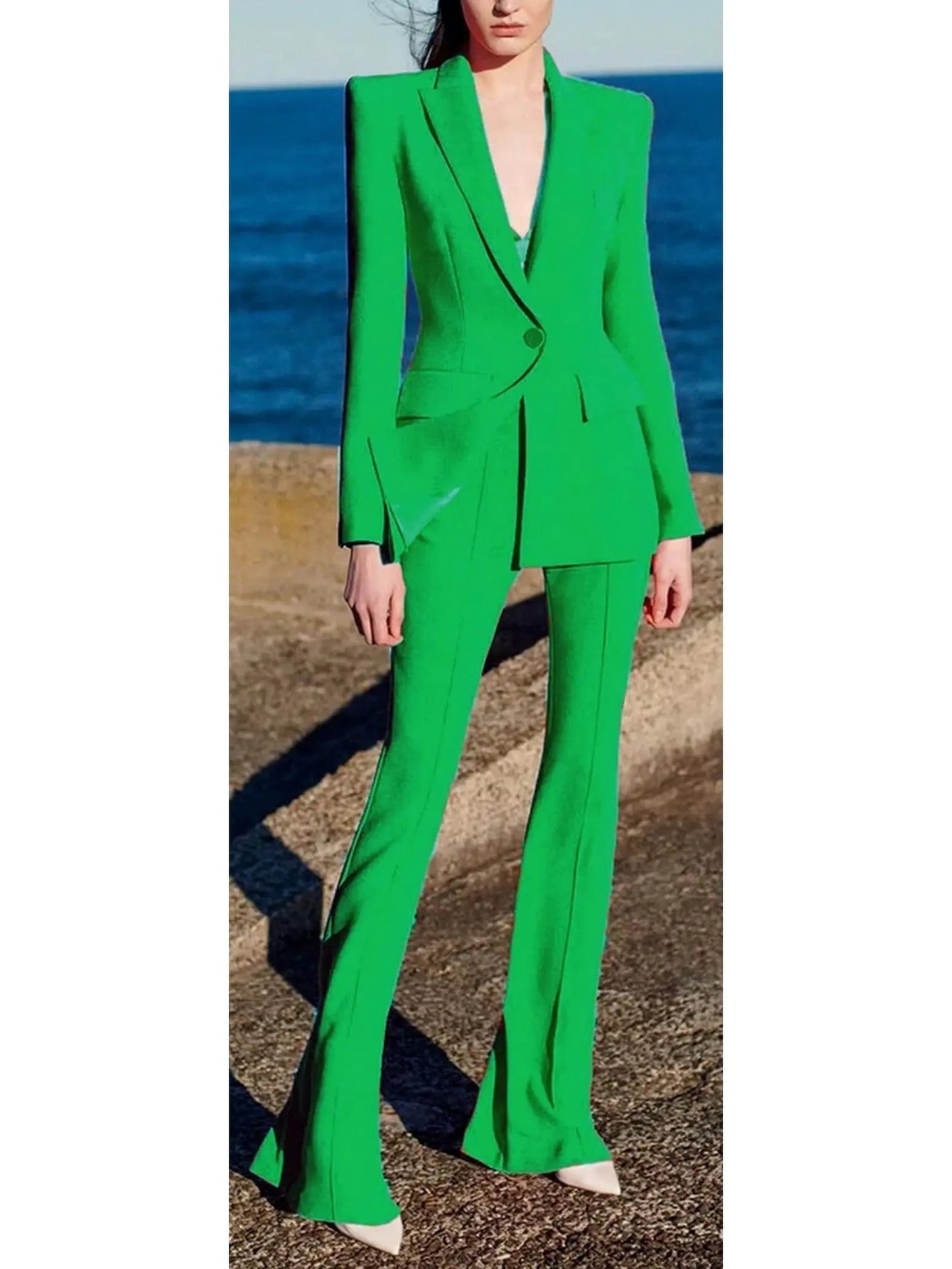 Single-Breasted Blazer and Flared Pant Suit Green - Suits & Sets