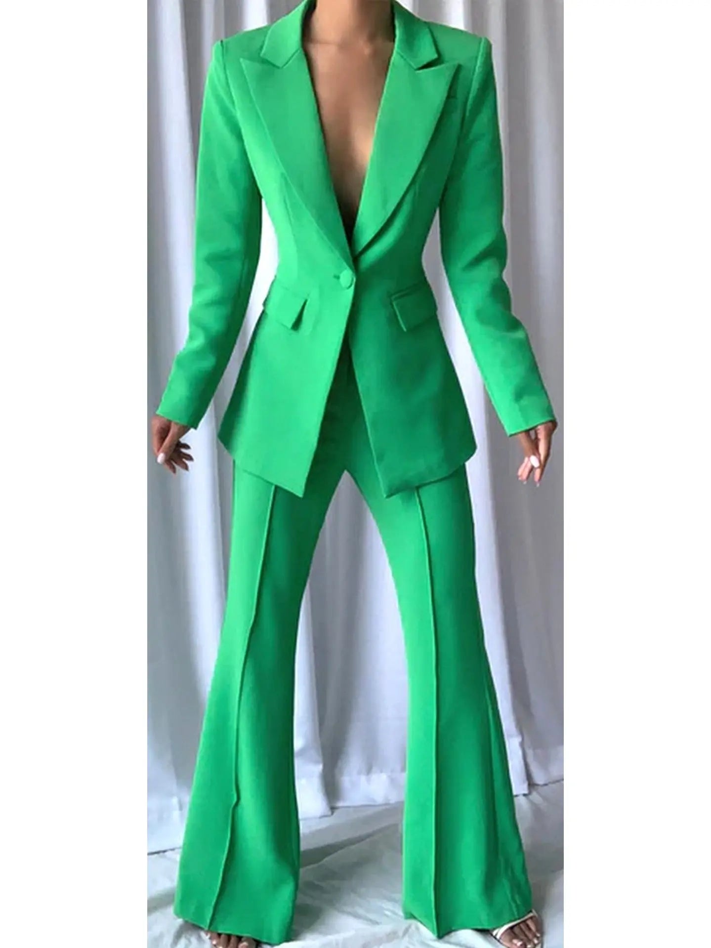 Single-Breasted Blazer and Flared Pant Suit Green - Suits & Sets