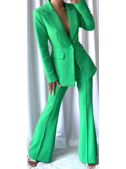 Single-Breasted Blazer and Flared Pant Suit Green - Suits & Sets