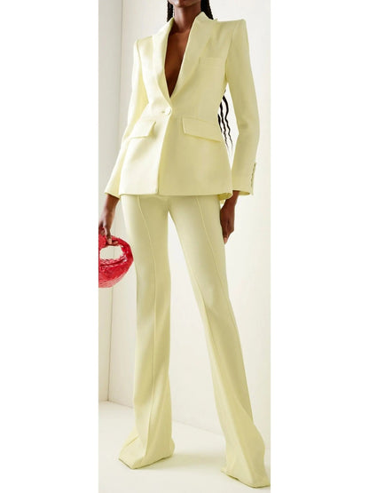 Single-Breasted Blazer and Flared Pant Suit Pale Yellow - Suits & Sets