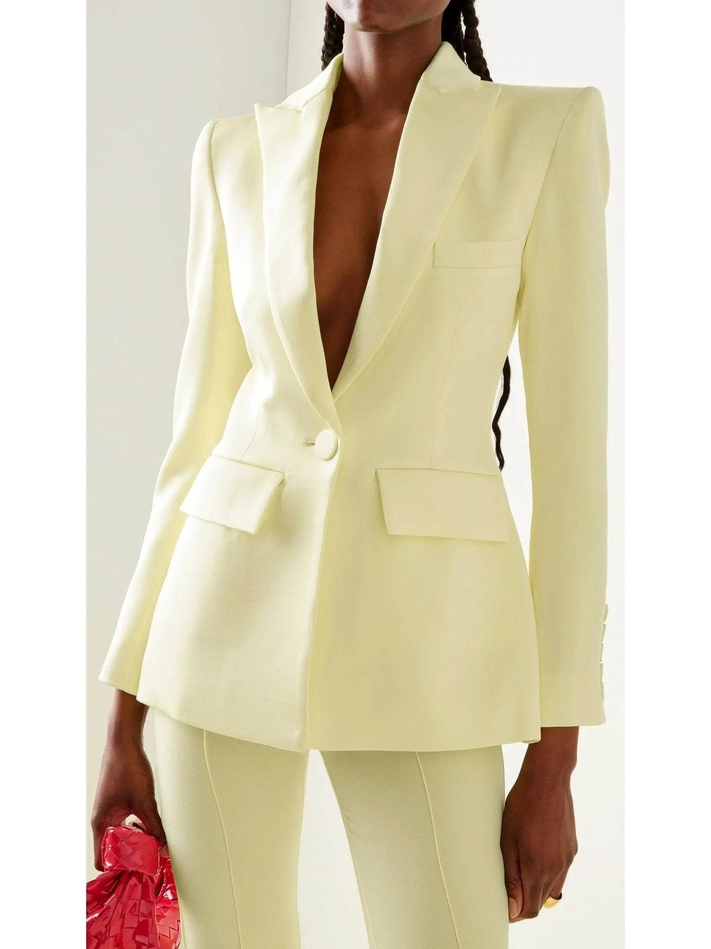 Single-Breasted Blazer and Flared Pant Suit Pale Yellow - Suits & Sets