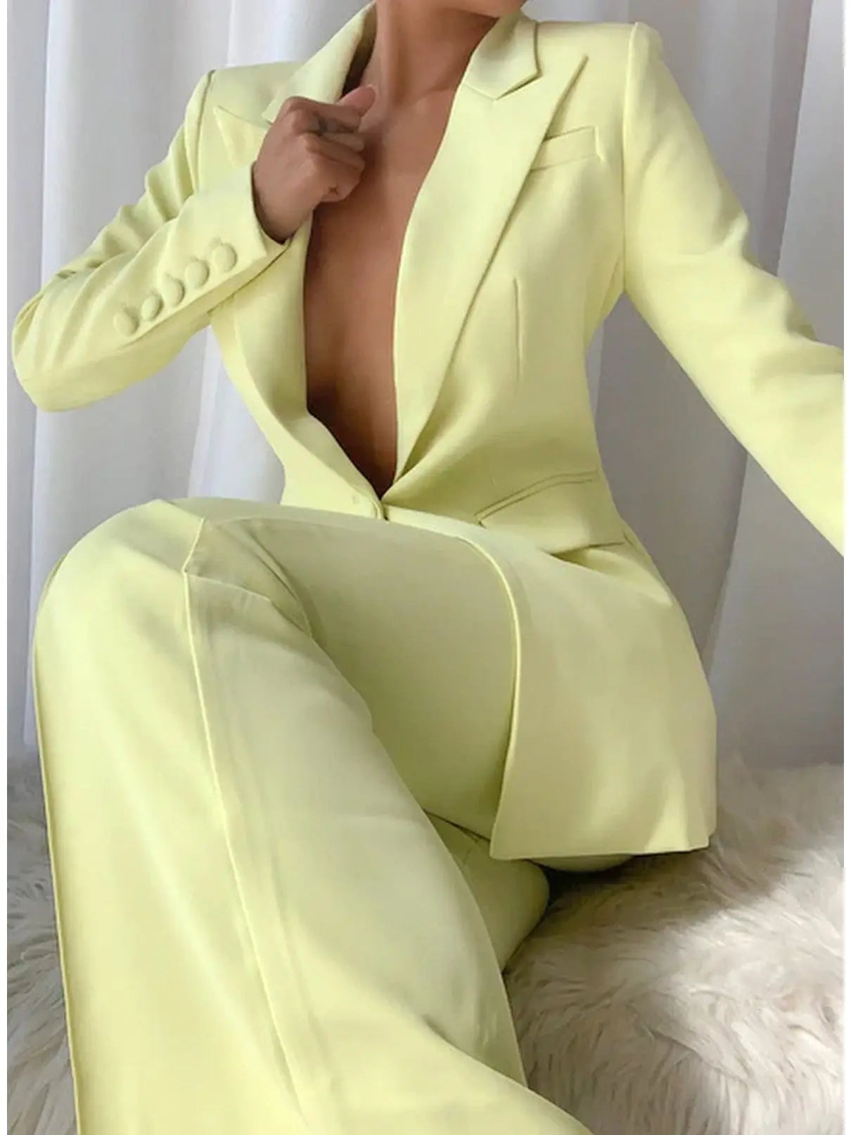 Single-Breasted Blazer and Flared Pant Suit Pale Yellow - Suits & Sets