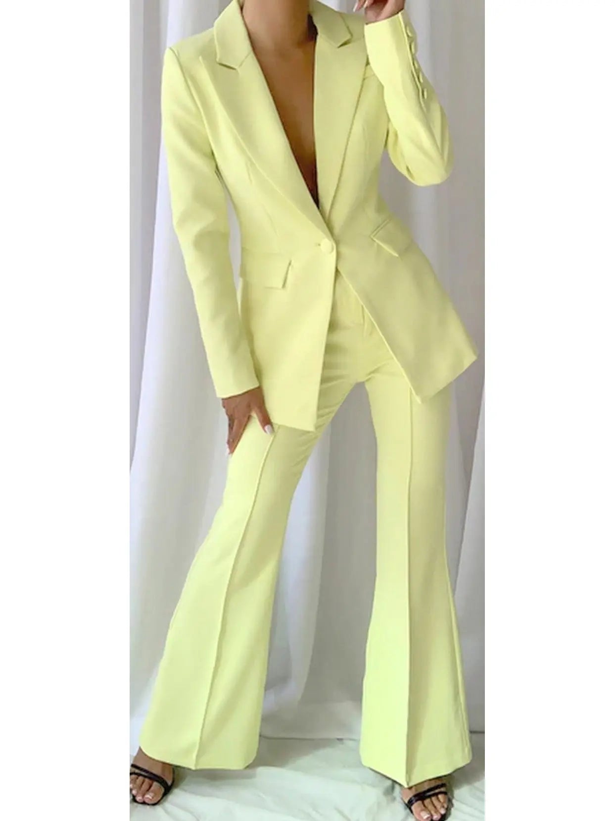 Single-Breasted Blazer and Flared Pant Suit Pale Yellow - Suits & Sets