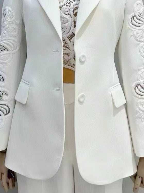 Single-Breasted Fitted Blazer with Embroidered Sleeves - Jackets