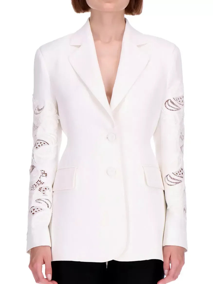 Single-Breasted Fitted Blazer with Embroidered Sleeves - Jackets