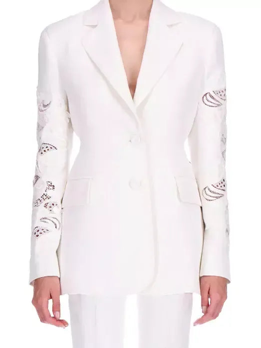 Single-Breasted Fitted Blazer with Embroidered Sleeves - M - Jackets