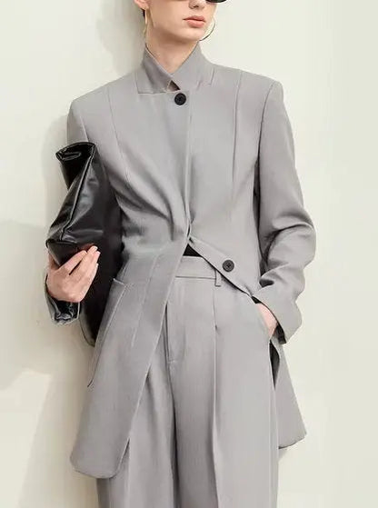 Single-Breasted Stand-Collar Tailored Blazer in Gray - Jackets