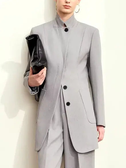 Single-Breasted Stand-Collar Tailored Blazer in Gray - Jackets