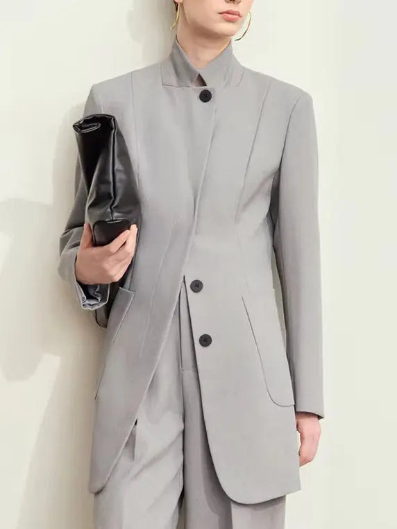 Single-Breasted Stand-Collar Tailored Blazer in Gray - Jackets