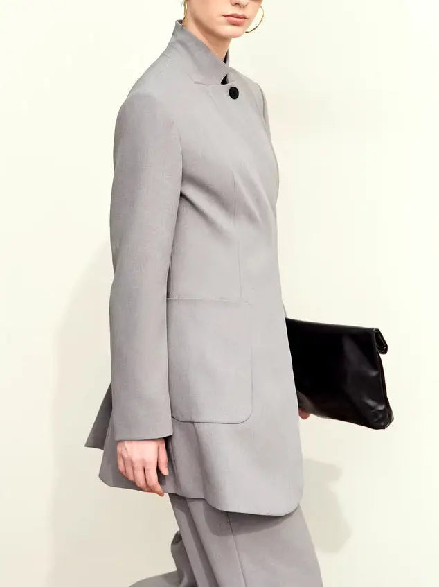 Single-Breasted Stand-Collar Tailored Blazer in Gray - Jackets