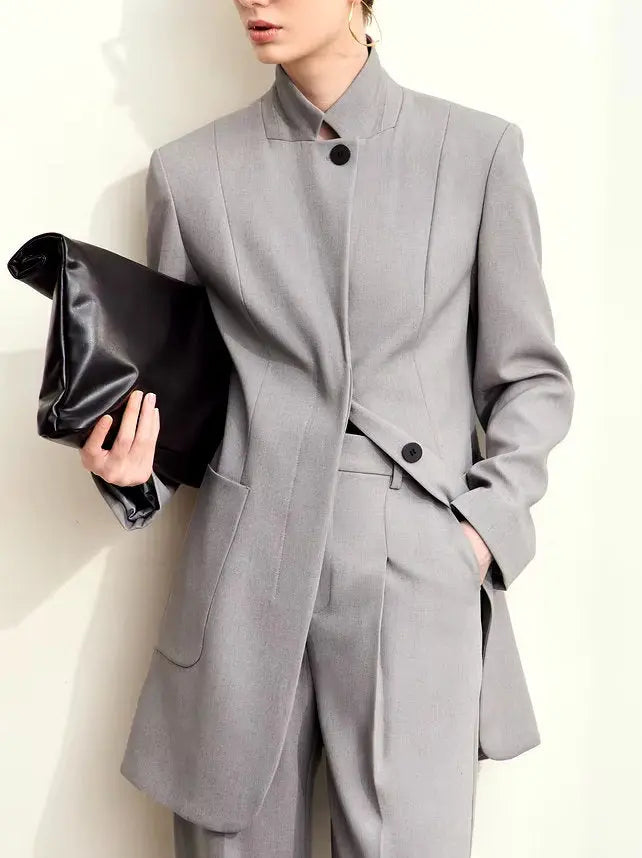 Single-Breasted Stand-Collar Tailored Blazer in Gray - Jackets