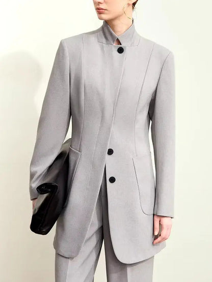 Single-Breasted Stand-Collar Tailored Blazer in Gray - Jackets