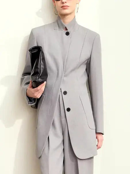 Single-Breasted Stand-Collar Tailored Blazer in Gray - Jackets