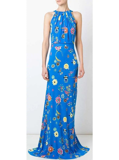 Sleeveless Long Printed Silk Dress-Blue - Dresses