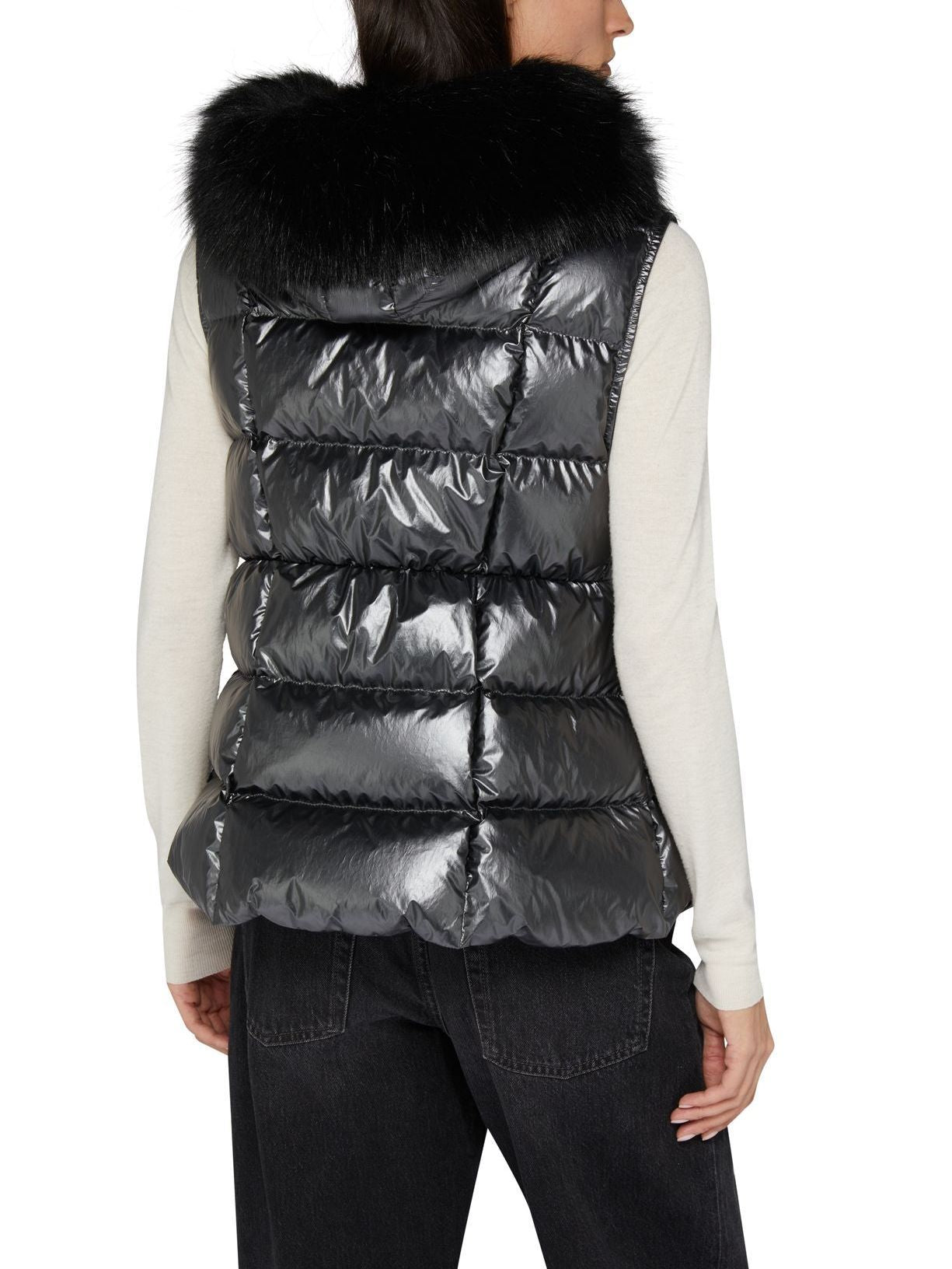 Sleeveless Puffer Down Jacket with Fur Hood in Black - Jackets