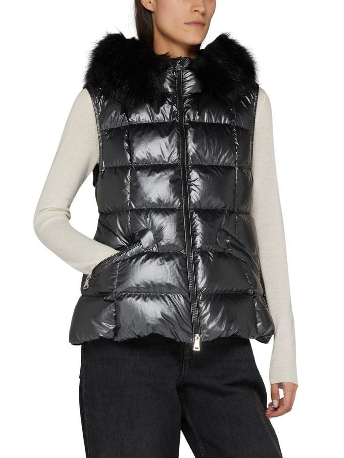 Sleeveless Puffer Down Jacket with Fur Hood in Black - Jackets