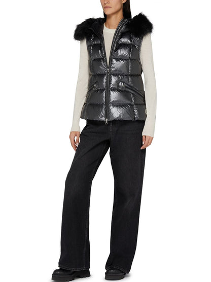 Sleeveless Puffer Down Jacket with Fur Hood in Black - Jackets