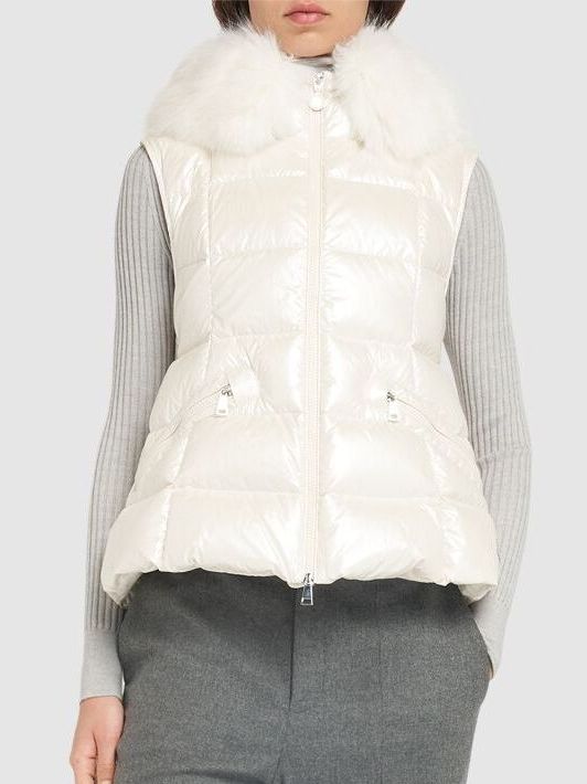 Sleeveless Puffer Down Jacket with Fur Hood in White - Jackets